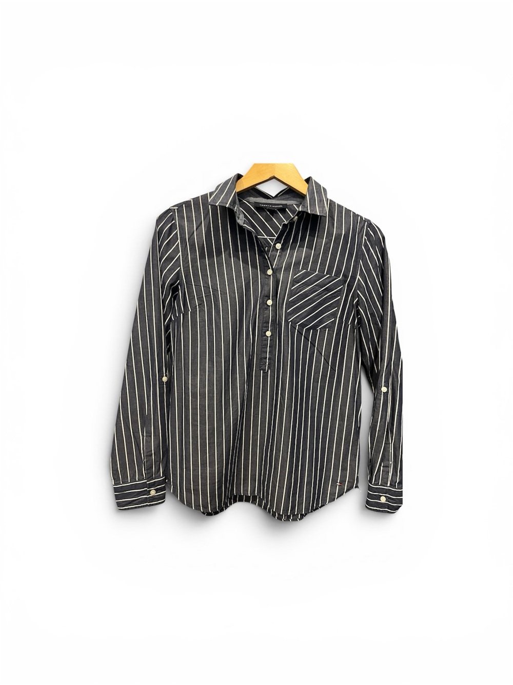 Women’s Blue Grey Vertical-Stripe Casual Button-Down Shirt